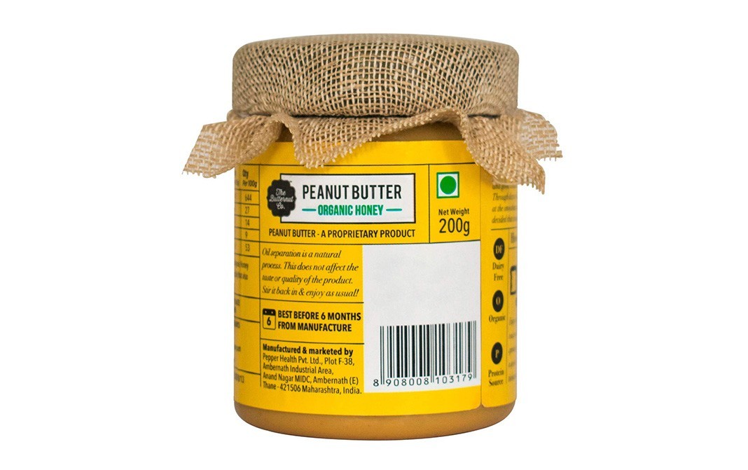 The Butternut Co. Organic Honey Peanut Butter, Creamy   Glass Jar  200 grams